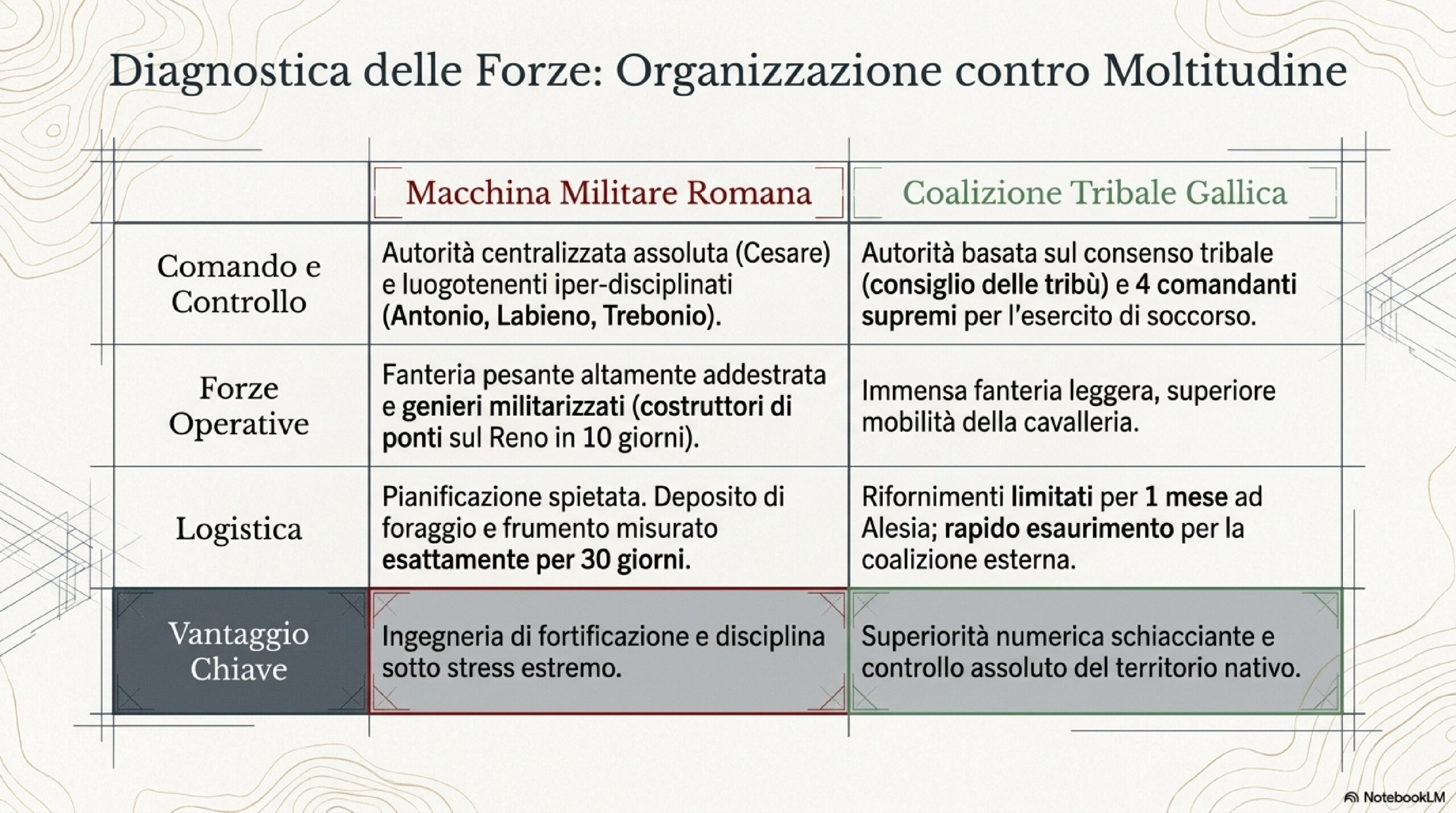 Two-column chart comparing Roman military machine and Gallic tribal coalition, titled 'Diagnostica delle Forze: Organizzazione contro Moltitudini'.