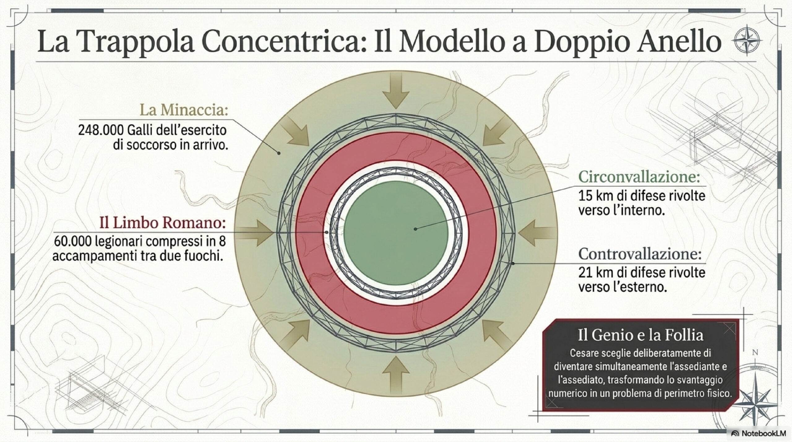 Infographic in Italian describing concentric defensive rings: inner green area, middle red ring, outer tan ring with arrows and labeled threats like 248,000 rescue troops and 60,000 legionaries in eight camps.