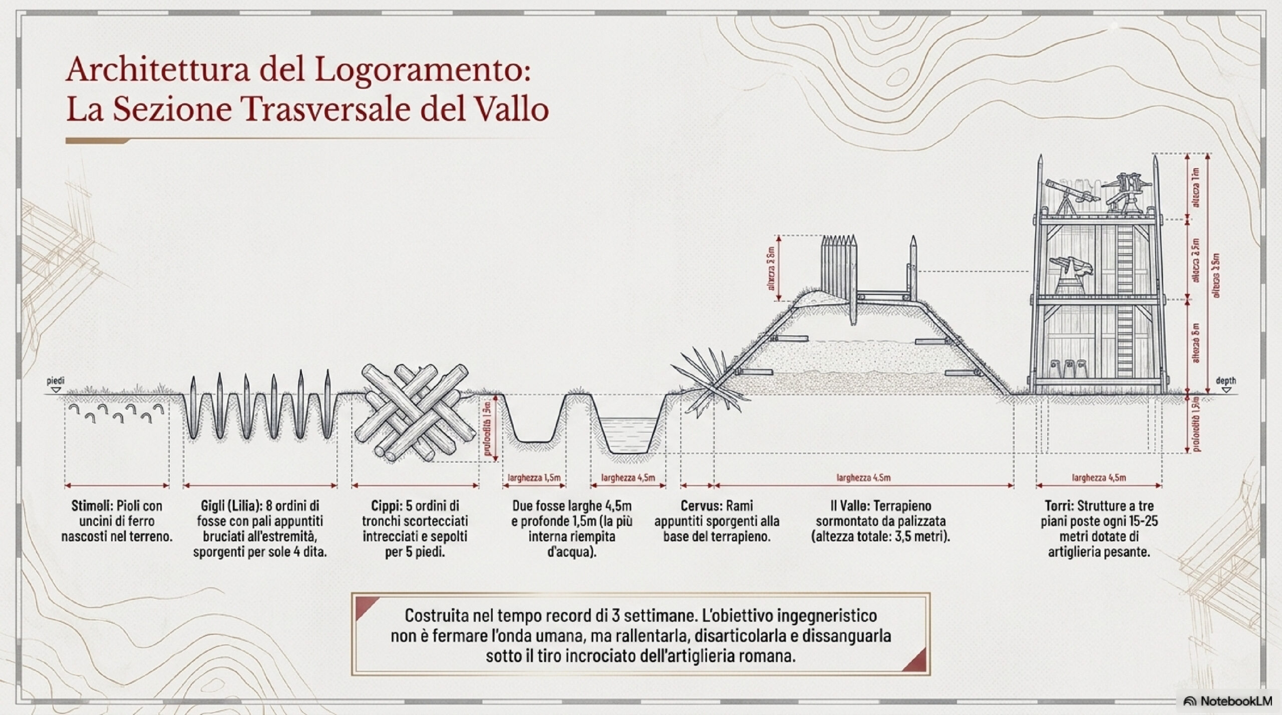 Cross-section diagram of a fortification trench with rampart, palisade, pit traps, and a multi-story wooden tower.