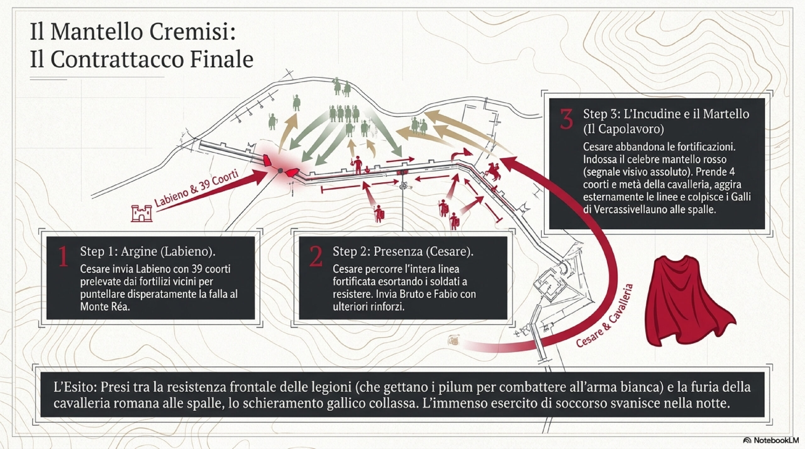 Infographic in Italian detailing the final counterattack with labeled steps and arrows around a fortress.