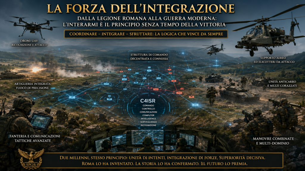 Promotional military infographic titled 'La Forza dell'Integrazione' showing drones, helicopters, tanks and a central C4ISR network overlay with a bottom motto.