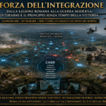 Promotional military infographic titled 'La Forza dell'Integrazione' showing drones, helicopters, tanks and a central C4ISR network overlay with a bottom motto.