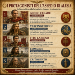 Poster informativo in italiano sugli assedianti di Alesia, con riquadri numerati e aculeati stemmi SPQR e simboli cicci, presentando cinque figure storiche.