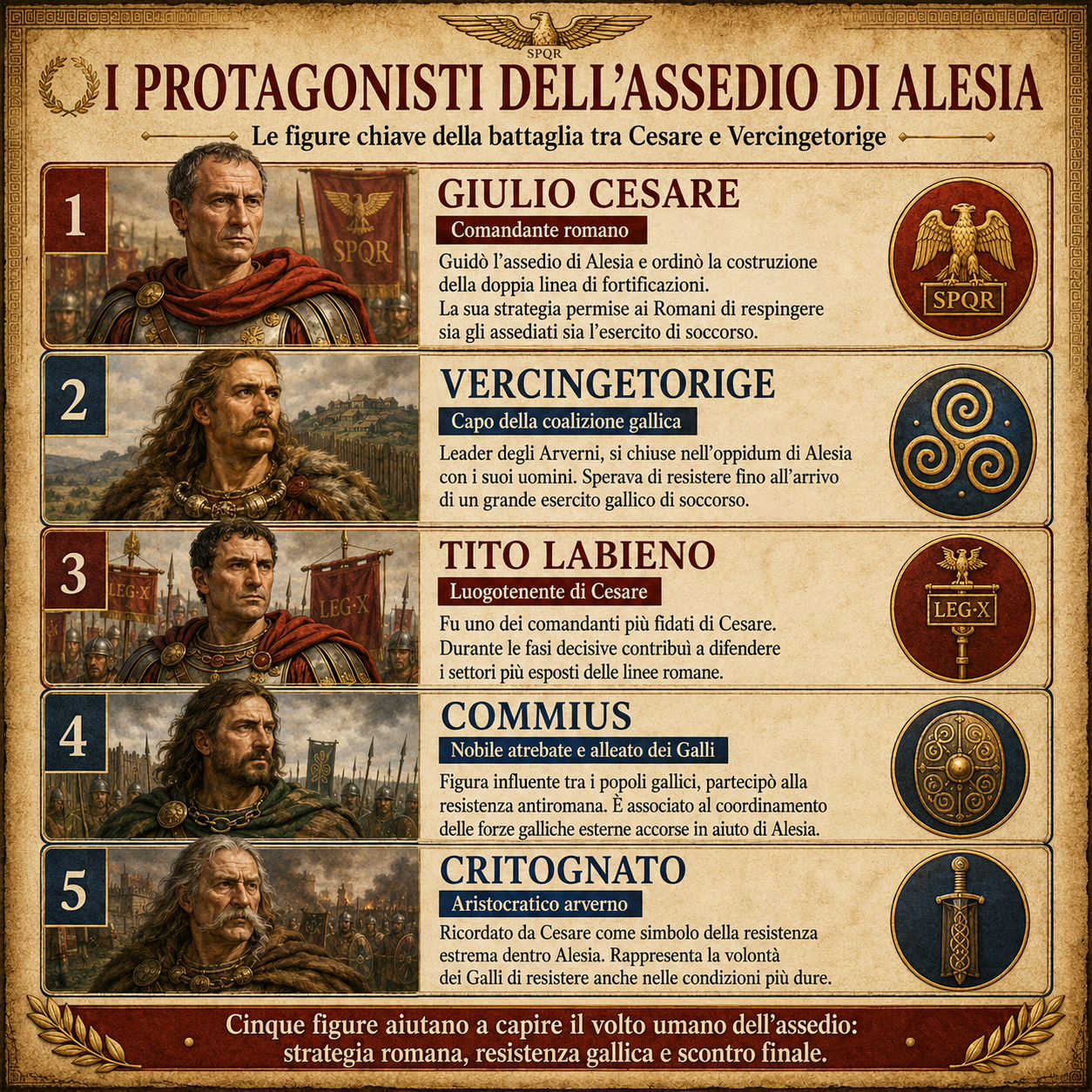 Poster informativo in italiano sugli assedianti di Alesia, con riquadri numerati e aculeati stemmi SPQR e simboli cicci, presentando cinque figure storiche.