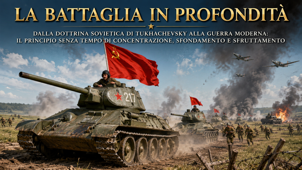 Poster-style battlefield scene: tanks and soldiers advance across a dusty field with a red Soviet flag flying from the lead tank, smoke and distant aircraft in the sky, and the Italian title at the top.