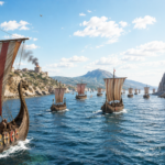 Viking-style longships with red-and-white striped sails sail along a rocky coastline under a blue sky, with towers on the cliffs and distant mountains nearby.
