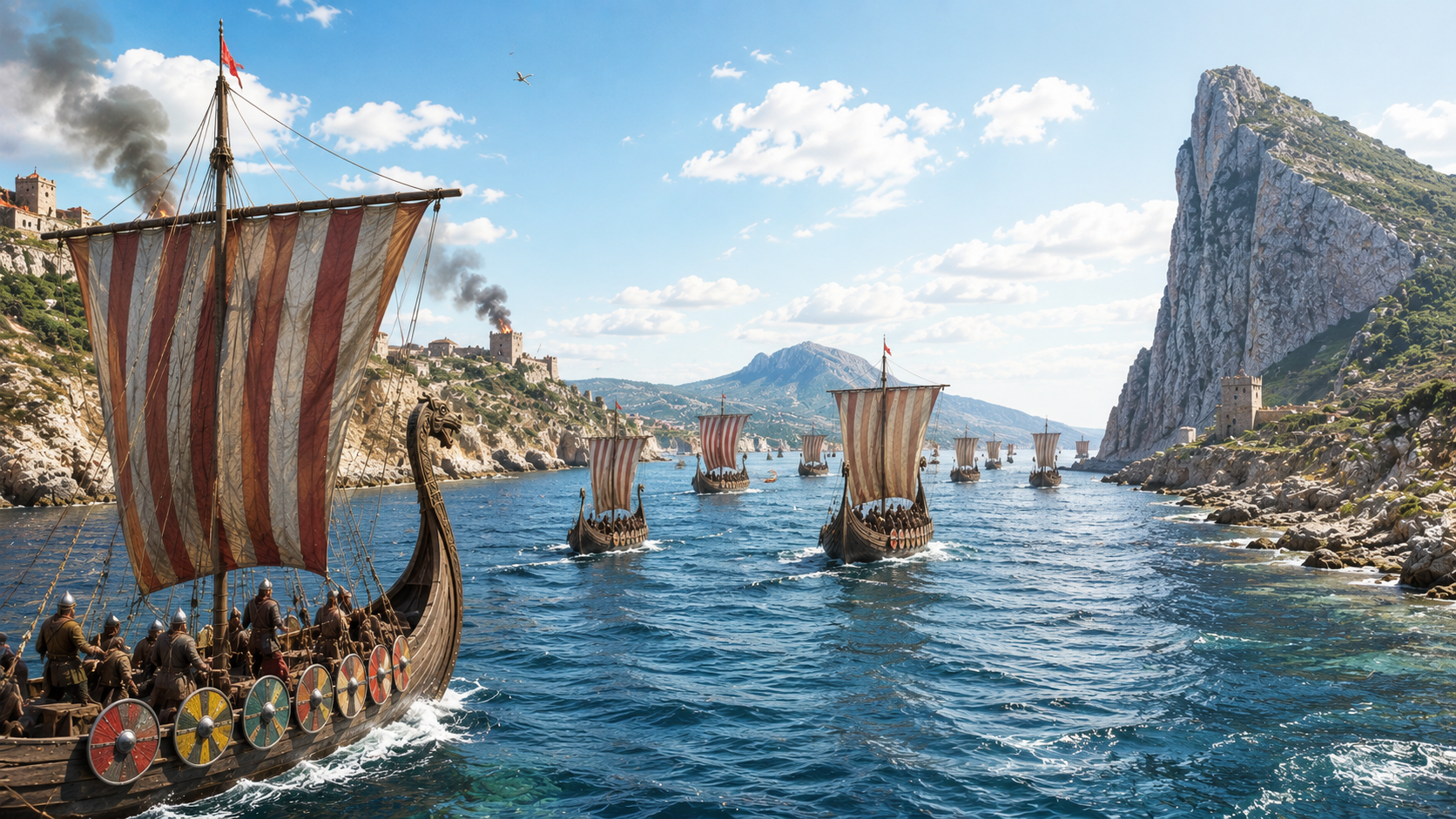 Viking-style longships with red-and-white striped sails sail along a rocky coastline under a blue sky, with towers on the cliffs and distant mountains nearby.