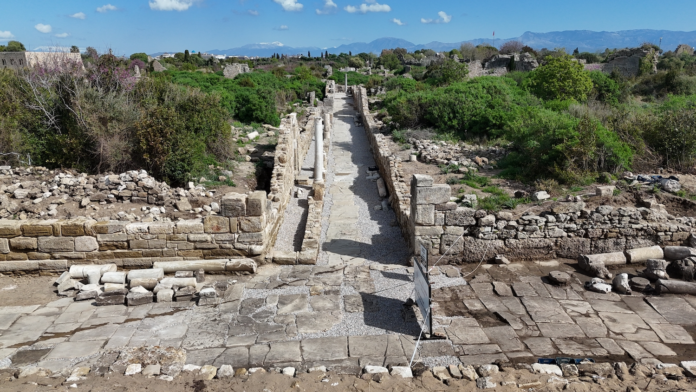 Anatolia Ancient ruin with a raised stone walkway flanked by walls, surrounded by greenery and distant mountains under a blue sky.