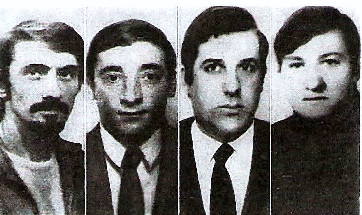 Appoggio logistico e organizzativo la rete reale - Scripta Manent Italia Fotografie segnaletiche in bianco e nero di quattro membri delle Brigate Rosse, tre uomini e una donna, ritratti in posa frontale come in un documento identificativo delle forze dell'ordine