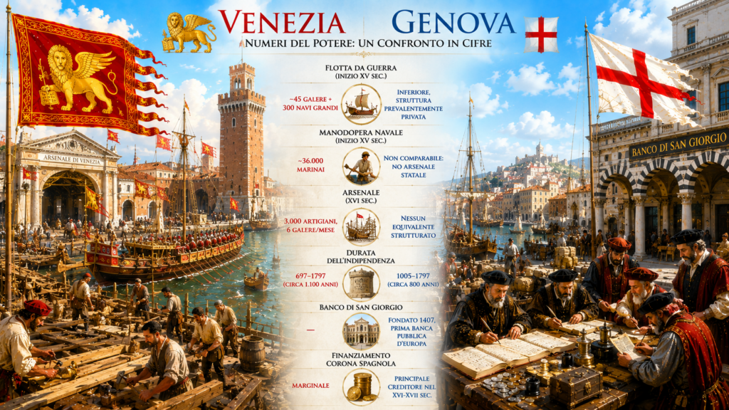 BOX Numeri del potere un confronto in cifre - Scripta Manent Italia Infografica comparativa'Venezia vs Genova – Numeri del Potere: Un Confronto in Cifre': tabella centrale con dati storici su flotta da guerra (Venezia ~45 galere e 300 navi grandi, Genova flotta privata inferiore), manodopera navale (Venezia ~36.000 marinai), arsenale (Venezia 3.000 artigiani, 6 galere al mese; Genova nessun equivalente), durata dell'indipendenza (Venezia 697–1797, circa 1.100 anni; Genova 1005–1797, circa 800 anni), Banco di San Giorgio (Genova, fondato 1407, prima banca pubblica d'Europa) e finanziamento della Corona Spagnola (Genova principale creditrice nel XVI-XVII secolo); sfondo con l'Arsenale di Venezia a sinistra e il Banco di San Giorgio di Genova a destra