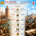 Wide Renaissance harbor scene with ships, flags, and crowds, overlaid by a vertical infographic about Venice vs. Genoa wealth and power.