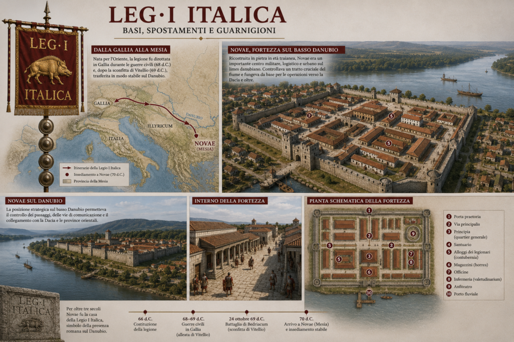 Basi spostamenti e guarnigioni - Scripta Manent Italia Infografica Legio I Italica: basi, spostamenti e guarnigioni dalla Gallia a Novae in Mesia, con mappa, ricostruzione della fortezza sul Danubio e pianta schematica del castrum