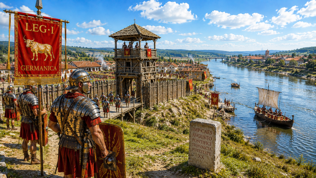 Basi spostamenti e guarnigioni - Scripta Manent Italia Veduta del castrum della Legio I Germanica sul Reno in età augustea: legionari con vessillo LEG·I GERMANICA, torre lignea di guardia, insediamento civile e imbarcazioni militari romane sul fiume