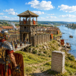 Roman legionaries in armor guard a wooden fortress by a river, with banners LEG I GERMANICA and a stone milestone in the foreground.