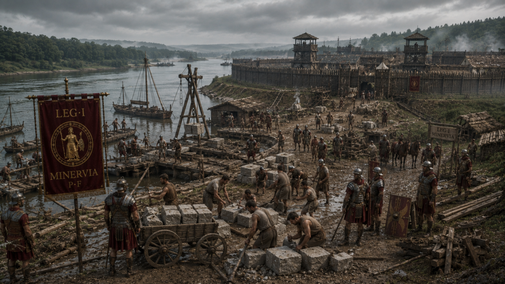 Basi spostamenti e guarnigioni - Scripta Manent Italia Legionari romani della Legio I Minervia P.F. supervisionano la costruzione del castrum di Bonna sul Reno, con operai che trasportano blocchi di pietra, gru da cantiere e navi militari romane ormeggiate al porto fluviale