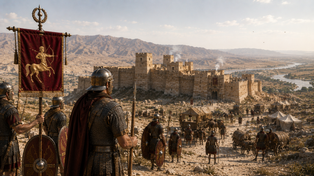 Ufficiale romano della Legio I Parthica osserva dall'alto la fortezza di Singara in Mesopotamia: legionari in marcia, accampamento militare e stendardo con il centauro nel paesaggio desertico