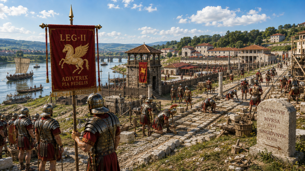 Basi spostamenti e guarnigioni - Scripta Manent Italia Ricostruzione del castrum di Aquincum con legionari della Legio II Adiutrix Pia Fidelis impegnati nella costruzione della base sul Danubio: in primo piano il vessillo rosso con Pegaso dorato e scritta LEG II Adiutrix Pia Fidelis, una pietra miliare con le distanze in miglia romane verso Mursa e Singidunum, imbarcazioni militari sul fiume e gli edifici del vicus civile sullo sfondo