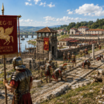 Roman legion camp by a river: soldiers in bronze armor near a red LEG II banner with a winged-horse, stone road under a blue sky.