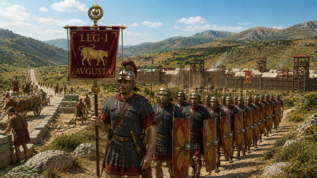Legionari della Legio I Augusta in marcia verso un accampamento romano fortificato in Hispania, con vessillo LEG·I AVGVSTA e toro, età augustea