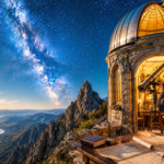 Stone observatory on a mountain at night, a man peering through a telescope inside the lit dome with starry skies above, maps on the table nearby.