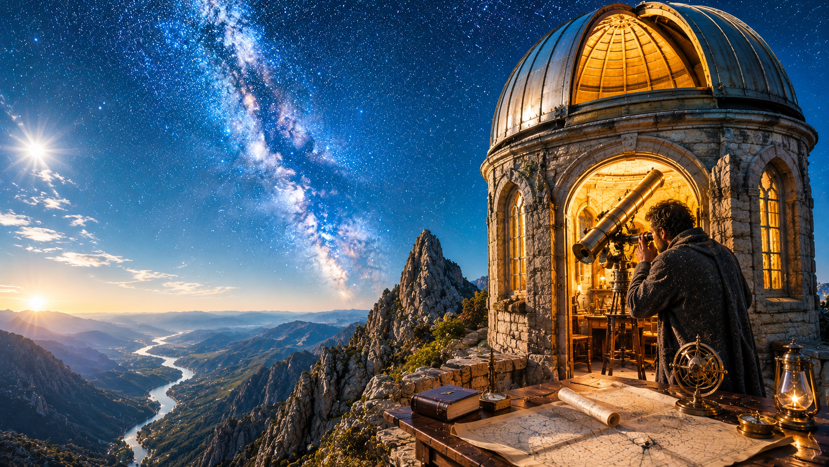 Stone observatory on a mountain at night, a man peering through a telescope inside the lit dome with starry skies above, maps on the table nearby.