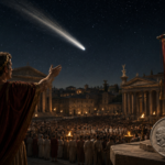 Ottaviano Augusto indica la cometa di Cesare sul Foro Romano di notte, con la moneta Divus Iulius e il vessillo SPQR