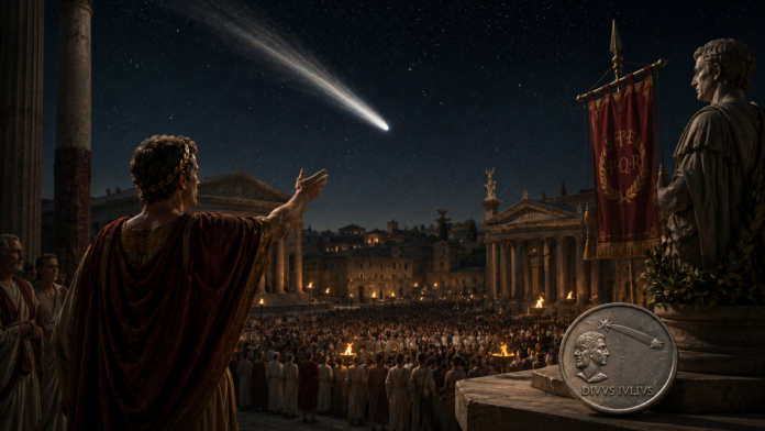 Ottaviano Augusto indica la cometa di Cesare sul Foro Romano di notte, con la moneta Divus Iulius e il vessillo SPQR