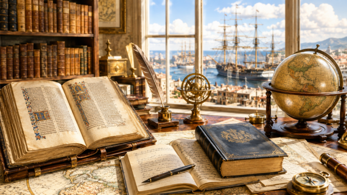 Studio storico con manoscritto medievale miniato, globo antico, mappe geografiche e velieri sullo sfondo – storia della lingua e delle scoperte