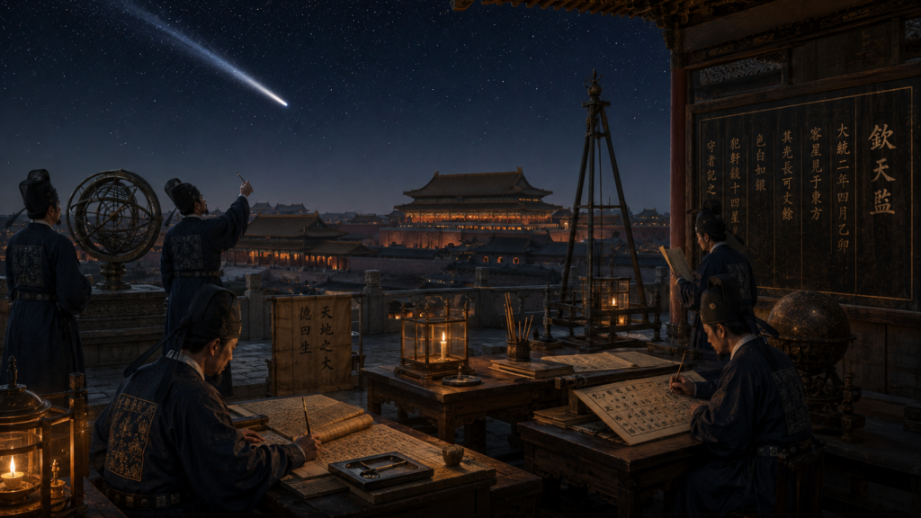 Astronomi cinesi imperiali osservano una cometa dalla Città Proibita di notte, con sfera armillare, globo celeste e registri astronomici