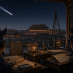Ancient Chinese scholars in robes study and write at a rooftop desk by lantern light, with a meteor streaking across a starry night sky above a palace.
