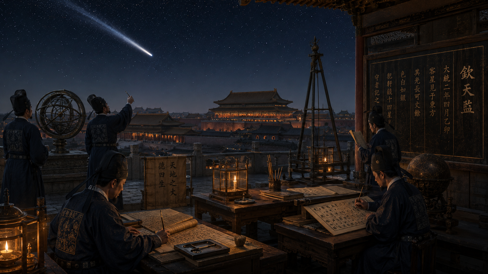 Ancient Chinese scholars in robes study and write at a rooftop desk by lantern light, with a meteor streaking across a starry night sky above a palace.