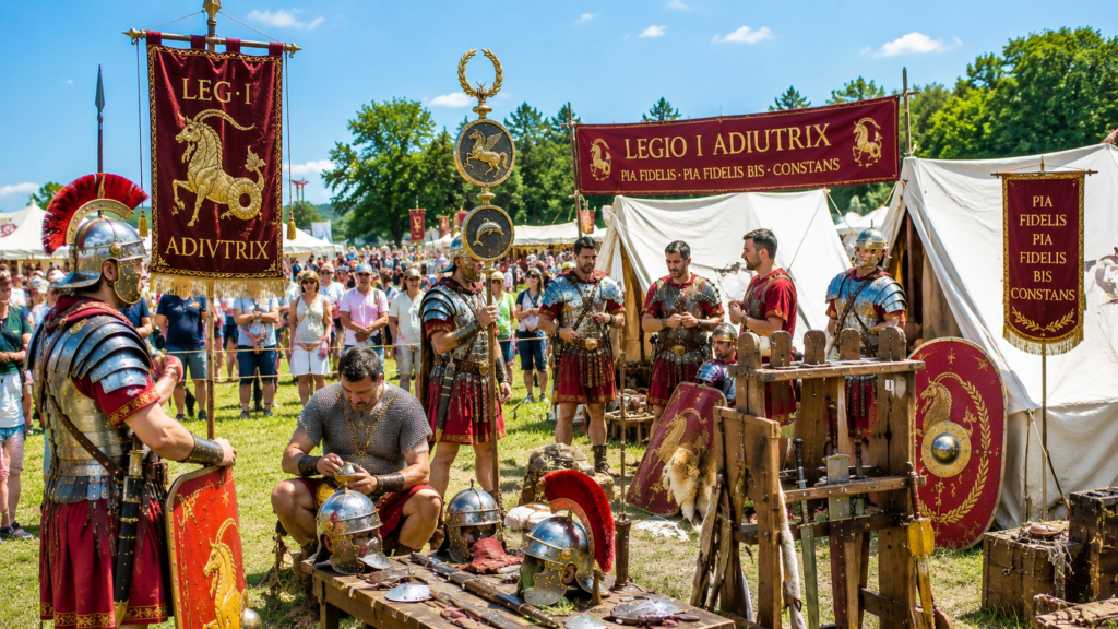 Curiosità e legacy della Legio I Adiutrix - Scripta Manent Italia Rievocazione storica della Legio I Adiutrix: legionari in armatura con insegne, scudi e titoli onorifici pia fidelis, pia fidelis bis e constans esposti al campo