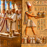 Roman soldiers in ceremonial armor exchange a scroll with a colleague amid ornate Egyptian temple columns and wall reliefs behind them, bright blue sky.