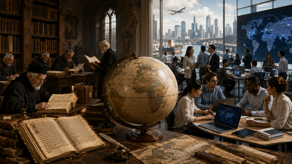 Contrasto tra scriptorio medievale con monaci che copiano manoscritti latini e ufficio moderno con professionisti multietnci e globo terrestre – evoluzione dal latino all'inglese globale