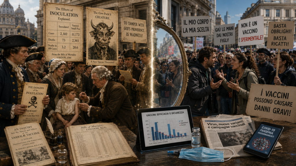 Specchio allegorico che riflette le stesse proteste anti-vaccino dal Settecento al Covid-19: manifesti storici contro l'inoculazione del vaiolo a confronto con cartelli no-vax italiani contemporanei