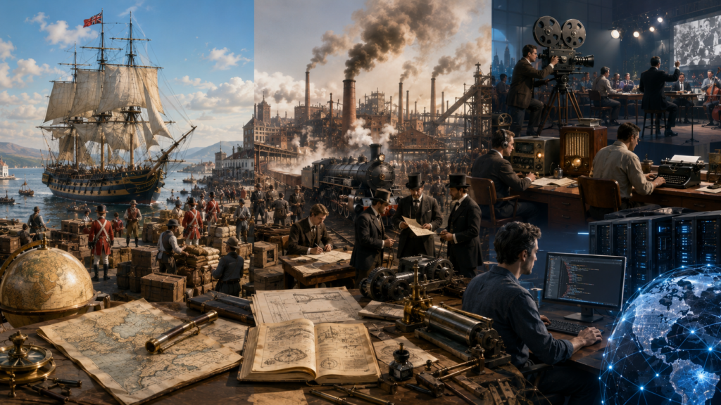 Trittico storico: impero britannico con veliero e soldati coloniali, Rivoluzione Industriale con locomotive a vapore e fabbriche, era digitale con programmatore e globo connesso