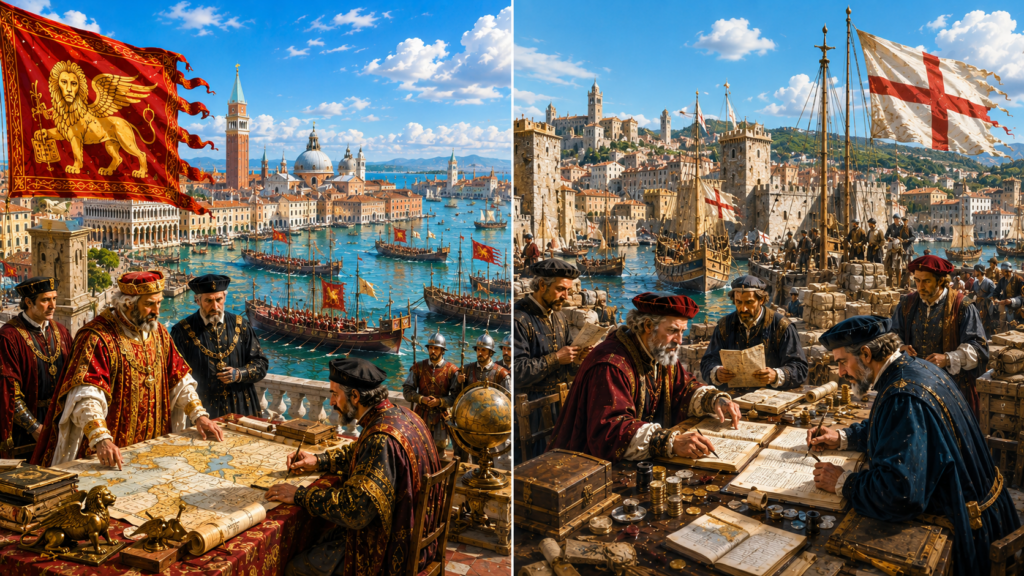 Dopo Chioggia destini divergenti - Scripta Manent Italia Dittico che illustra i destini divergenti di Venezia e Genova dopo la Guerra di Chioggia: a sinistra, nobili veneziani in sontuose vesti rosse e dorate consultano mappe nautiche e un mappamondo sul Canal Grande, con galee della Serenissima e la bandiera del Leone di San Marco sullo sfondo; a destra, mercanti genovesi firmano documenti commerciali e contano monete su un molo affollato di merci, con navi e la Croce di San Giorgio nel porto di Genova