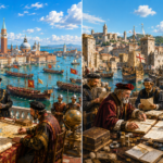 Split view of a Renaissance harbor: left shows nobles studying a large map while ships sail in a busy harbor; right shows scholars drafting documents near fortress walls.