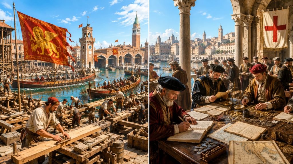 Due modelli di potere nel Mediterraneo medievale - Scripta Manent Italia Dittico medievale che contrappone i due modelli di potere di Venezia e Genova: a sinistra, l'Arsenale di Venezia con operai che costruiscono galee medievali, bandiera con il Leone di San Marco e il campanile di Piazza San Marco sullo sfondo; a destra, mercanti genovesi che scrivono registri contabili e contano monete d'oro in un portico affacciato sul porto, con mappe nautiche, bilance e la Croce di San Giorgio sul panno bianco appeso alle colonne