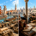 Split image: left shows a bustling Venetian harbor with workers, flags, and longboats; right shows officials counting coins and studying maps at a desk.