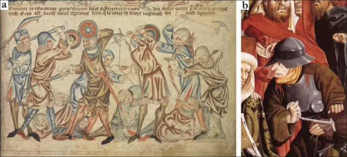 Panel a: Medieval illustration of a violent confrontation with armored warriors and restrained figures amid a crowd.