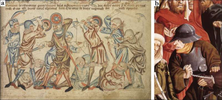 Panel a: Medieval illustration of a violent confrontation with armored warriors and restrained figures amid a crowd.