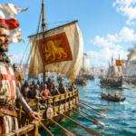 Illustrazione della flotta veneziana e genovese nel Medioevo: un crociato in cotta di maglia con la croce rossa sul petto osserva una battaglia navale con galee medievali, bandiere con il Leone di San Marco di Venezia e la Croce di San Giorgio di Genova, sullo sfondo di una città portuale medievale in fiamme
