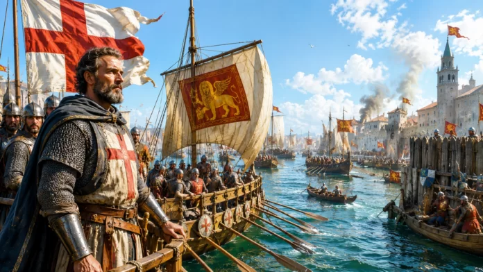 Genova contro Venezia Chi fu davvero più potente Illustrazione della flotta veneziana e genovese nel Medioevo: un crociato in cotta di maglia con la croce rossa sul petto osserva una battaglia navale con galee medievali, bandiere con il Leone di San Marco di Venezia e la Croce di San Giorgio di Genova, sullo sfondo di una città portuale medievale in fiamme