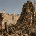 A bustling medieval siege scene: soldiers in armor around a tall wooden siege tower by a stone fortress, a torn English flag waving atop the structure, and archers and workers preparing battlements amid dust.