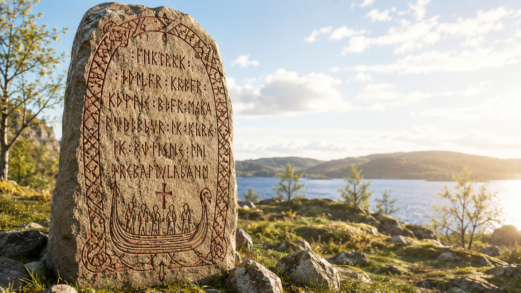 Large standing stone carved with runic inscriptions and a boat-shaped relief at the base, set beside a rocky lakeshore under a blue sky.