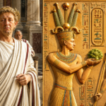 Imperatore romano nel Senato accostato a rilievo di faraoni egizi con geroglifici sulle rive del Nilo