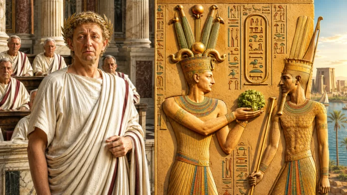 Imperatore romano nel Senato accostato a rilievo di faraoni egizi con geroglifici sulle rive del Nilo