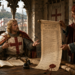 Medieval scene: a king in armor with a red cross on his tunic sits at a desk, gesturing as a bearded adviser in a red robe reveals a long parchment scroll in a stone chamber. Background shows harbor, ships, and a walled town.