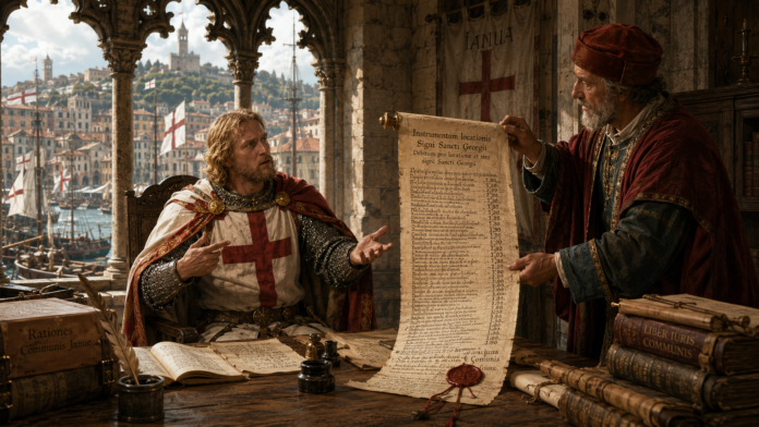 Gli inglesi devono a Genova 247 anni di affitto per la loro bandiera Medieval scene: a king in armor with a red cross on his tunic sits at a desk, gesturing as a bearded adviser in a red robe reveals a long parchment scroll in a stone chamber. Background shows harbor, ships, and a walled town.